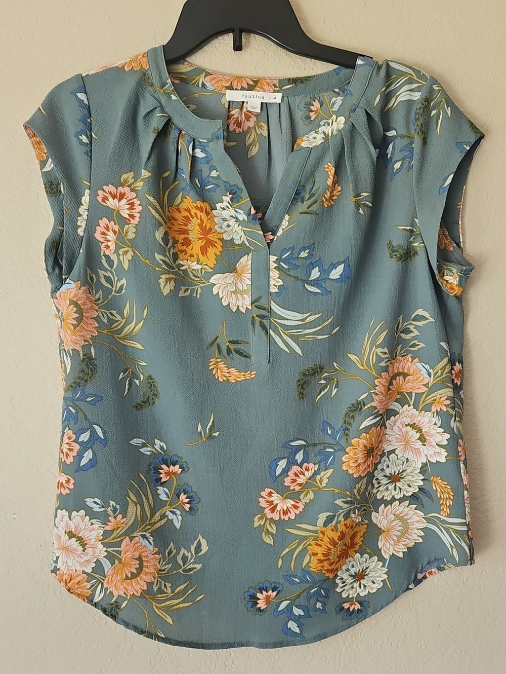 M Fun2fun Floral Cap-Sleeve Blouse in Teal